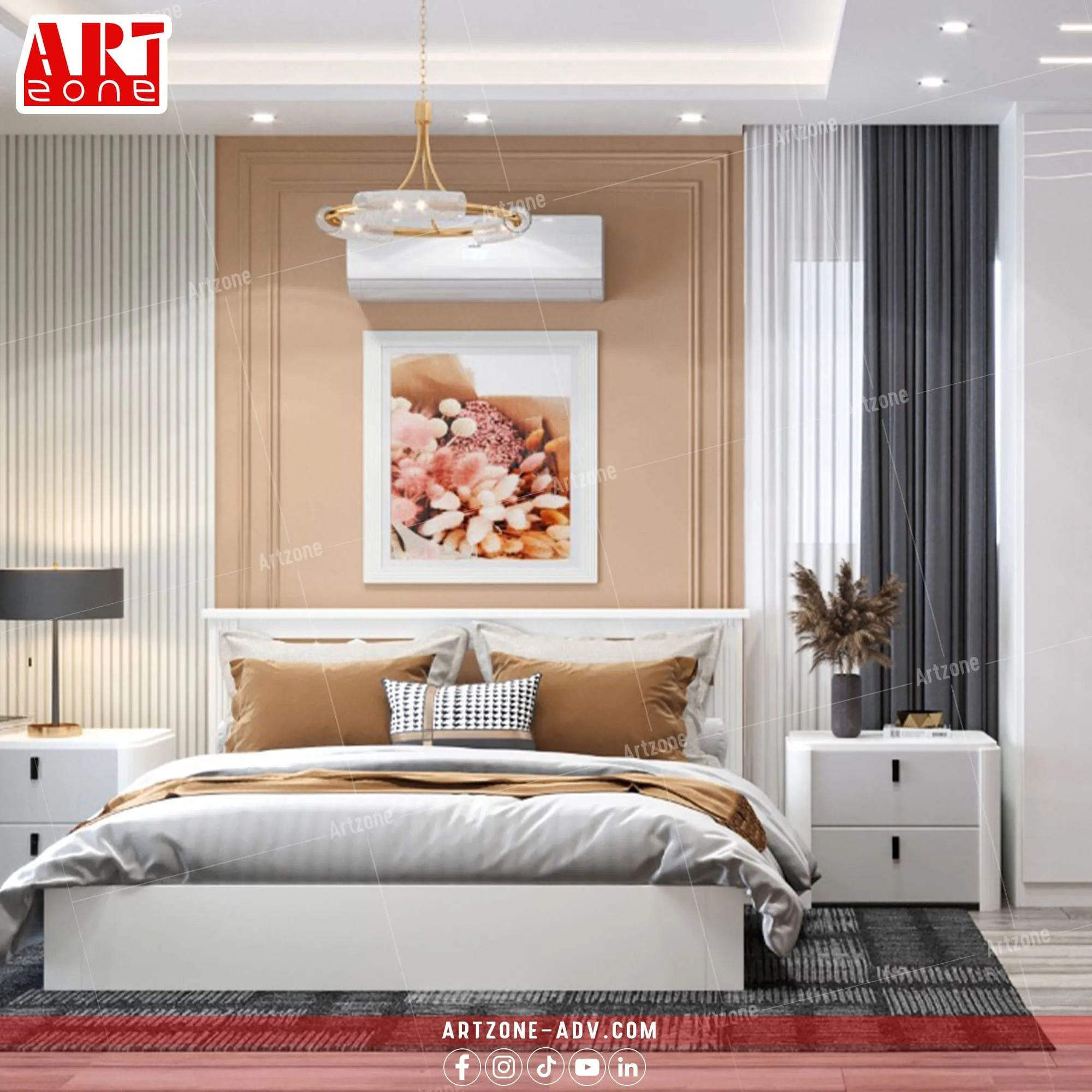 غرفة نوم عصرية بديكور محايد، سرير أبيض، لوحة فنية، وثريا ذهبية.