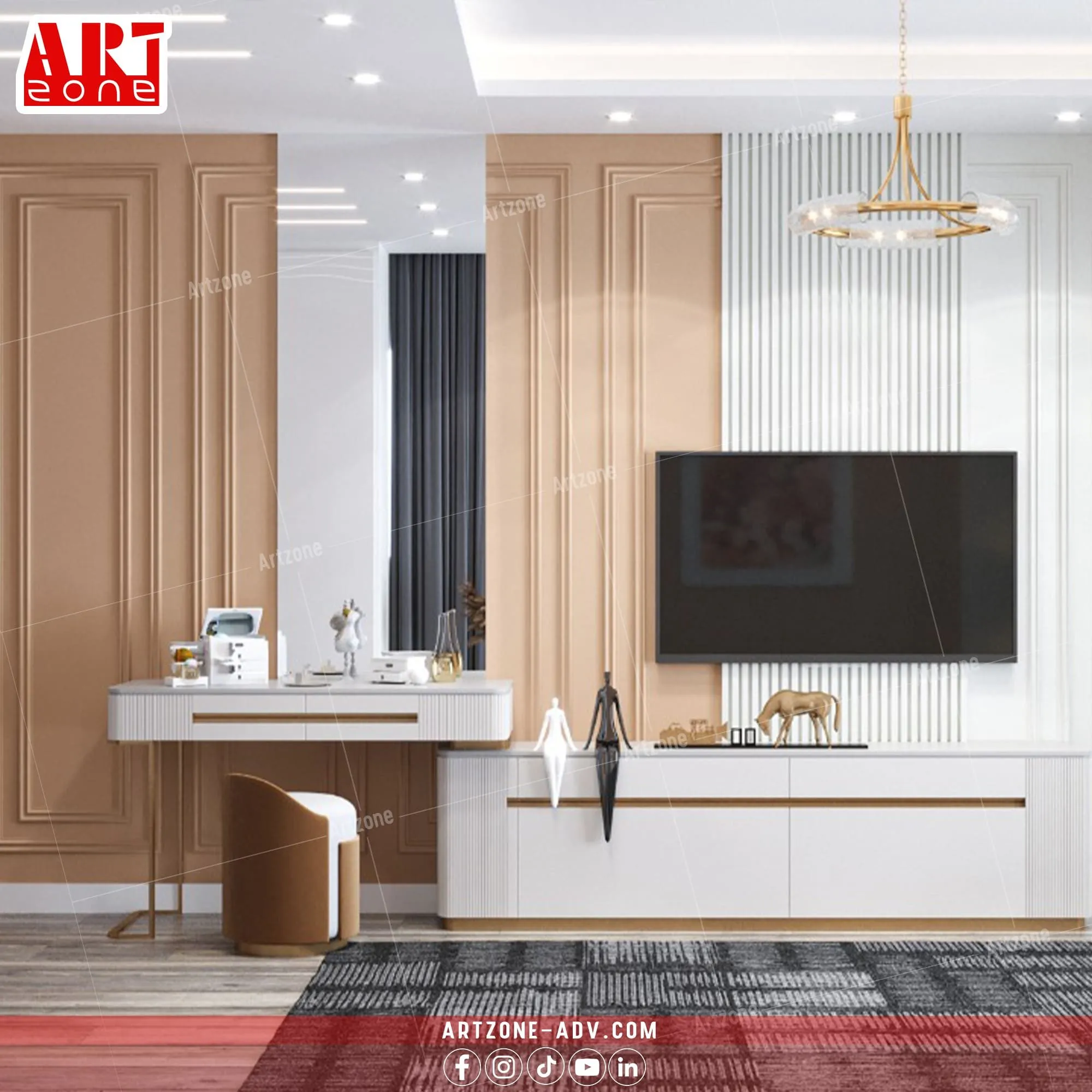 تصميم داخلي عصري: وحدة تلفزيون بيضاء عائمة وإضاءة ذهبية وثريا حديثة.