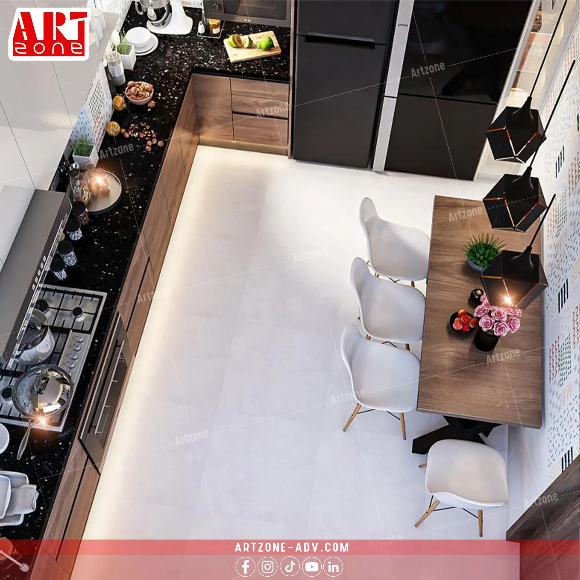 مطبخ عصري مفتوح بتصميم خشبي أسود، يضم منطقة طعام بيضاء وكراسي عصرية.