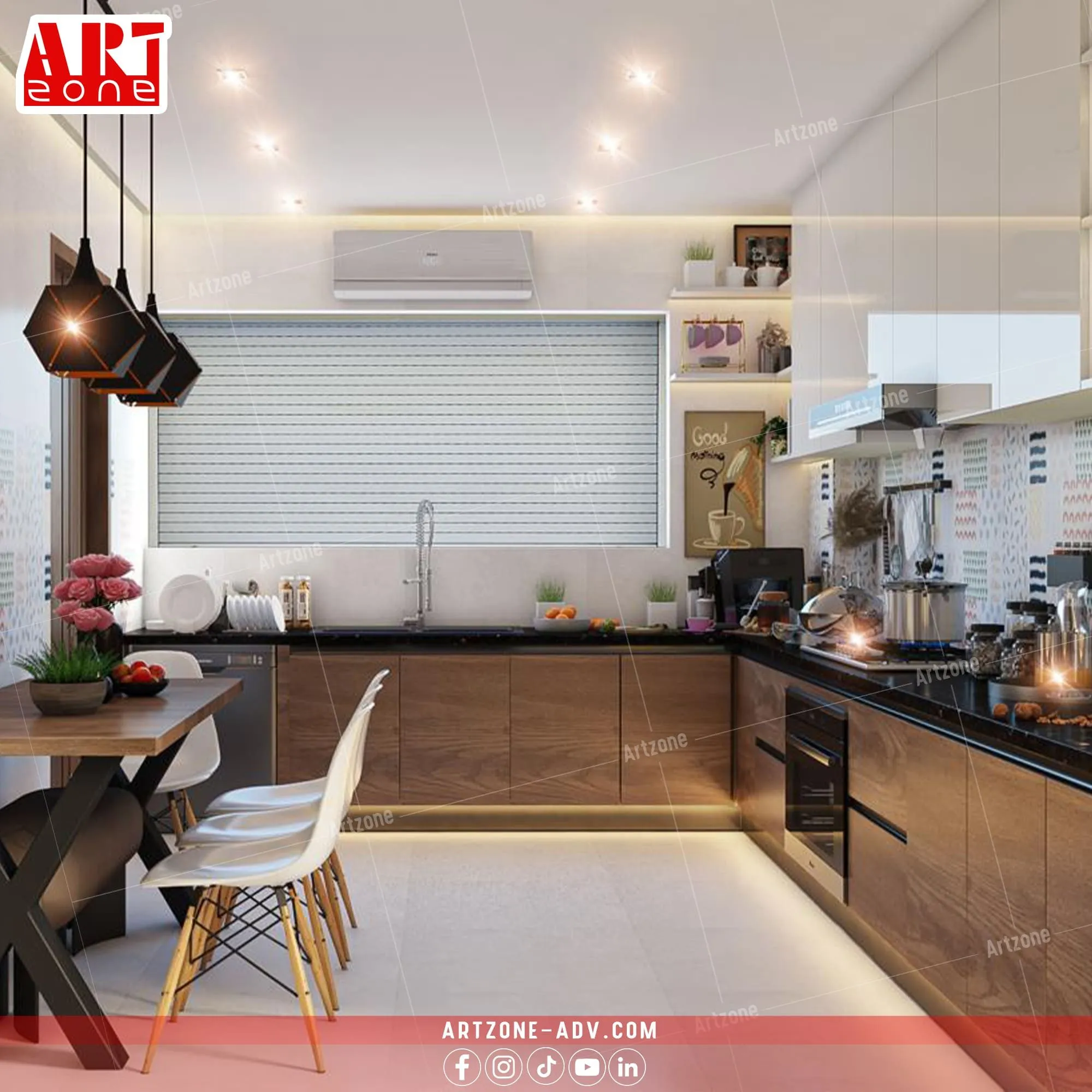 مطبخ عصري مفتوح بتصميم دافئ، يضم خزائن خشبية وأسطح سوداء وكراسي إيمز بيضاء.