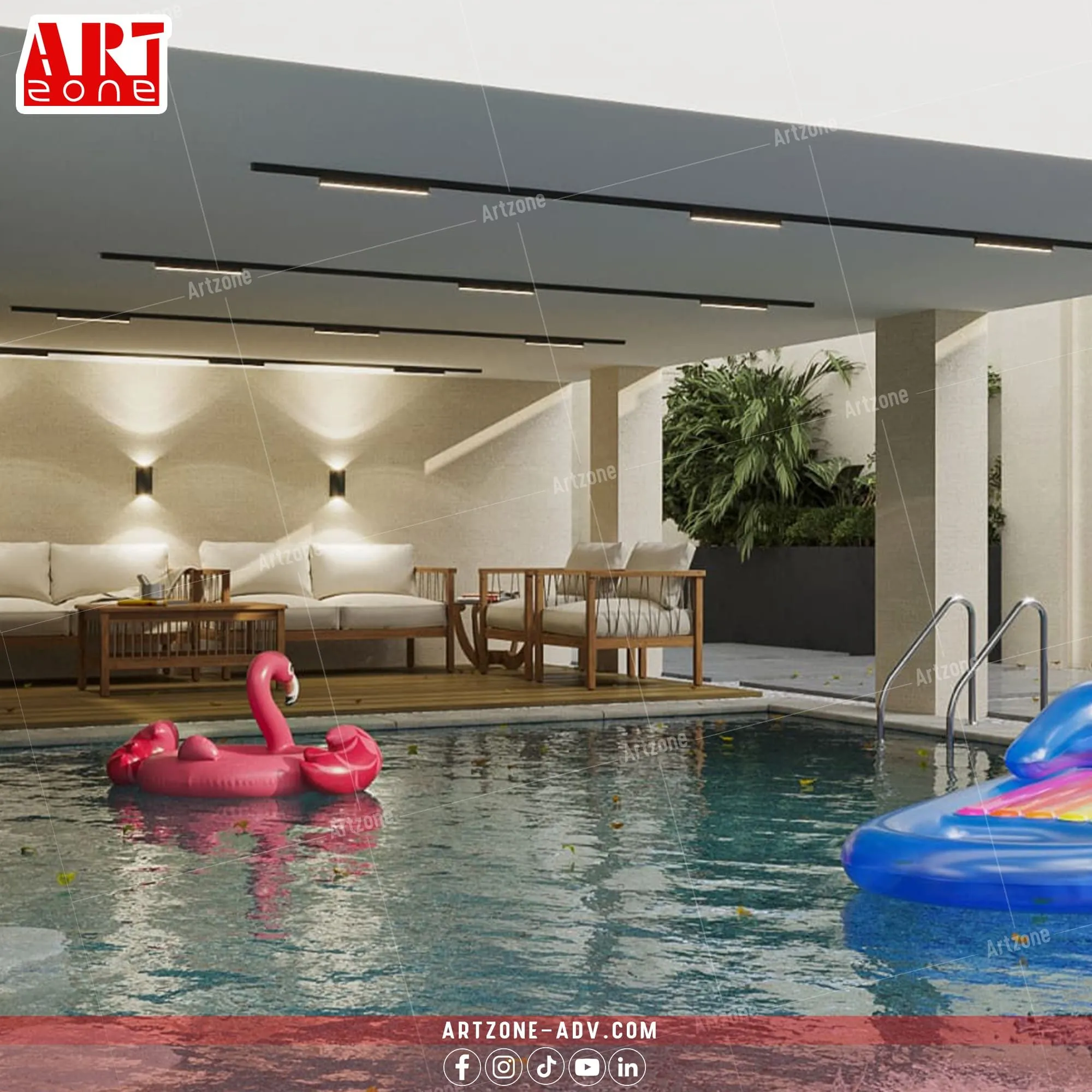 تصميم مسبح خارجي عصري بإضاءة دافئة، وعوامة فلامنجو، وأثاث أبيض.