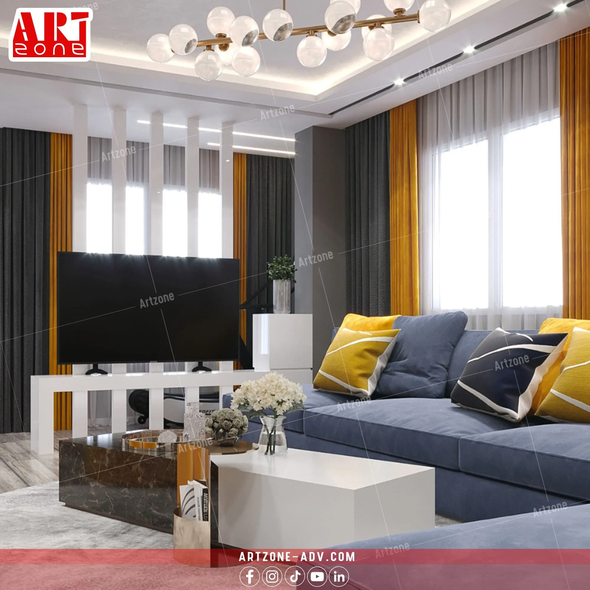 تصميم داخلي حديث: كنبة زرقاء، طاولة رخام، ثريا عصرية وإضاءة غرفة معيشة.