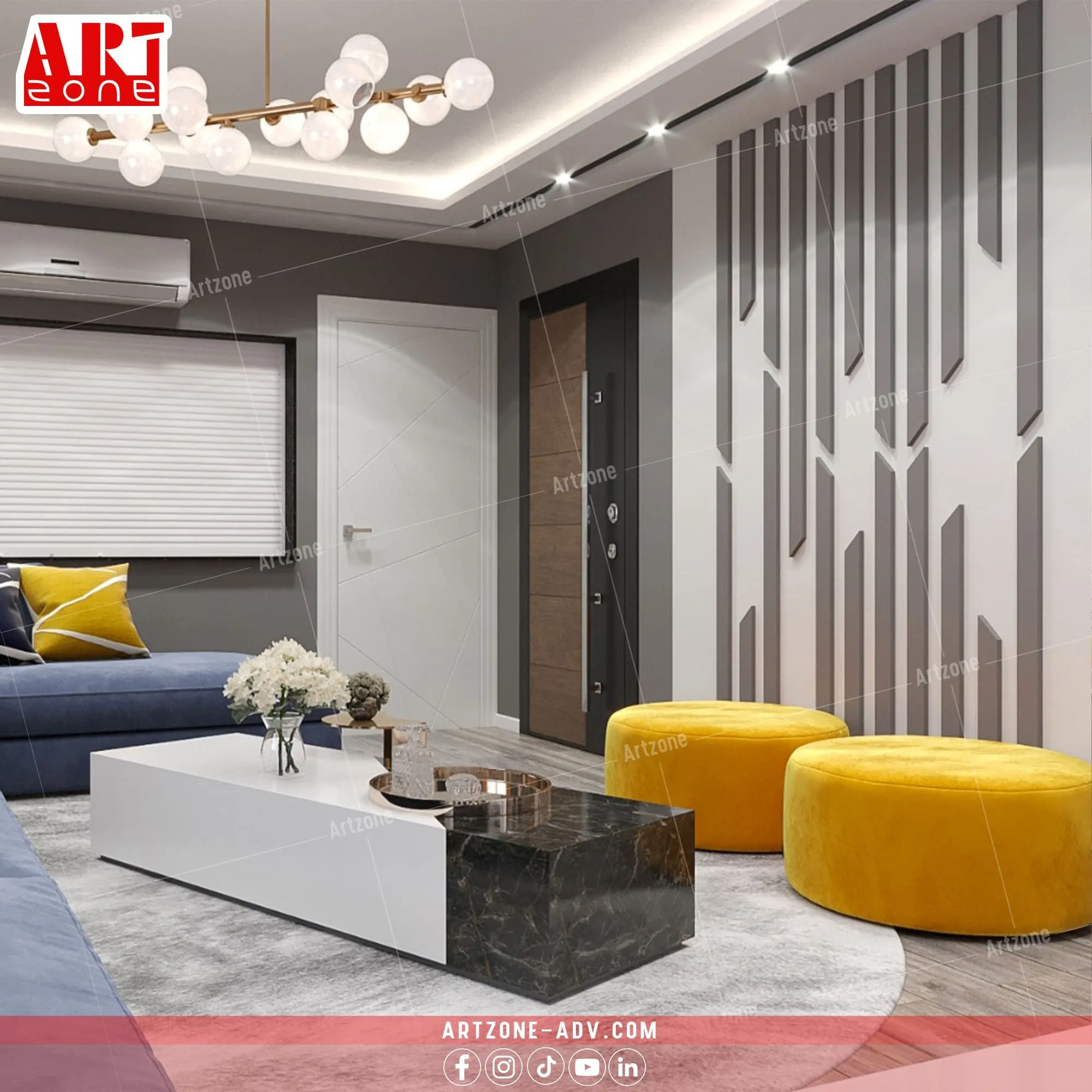 تصميم داخلي عصري: أريكة زرقاء، كراسي صفراء مخملية، وجدار رمادي مميز.