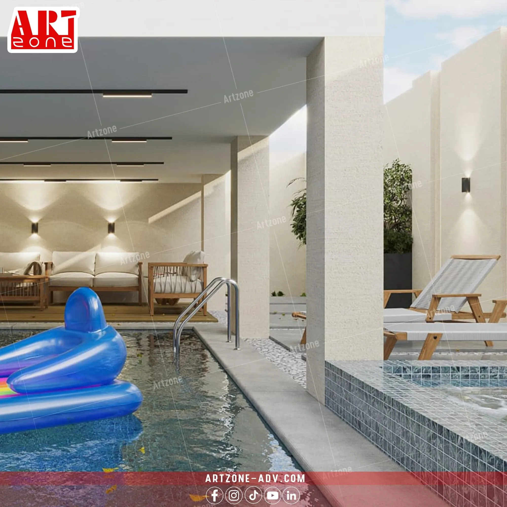 تصميم مسبح فاخر خارجي مع منطقة جلوس عصرية، أثاث خشبي، وإضاءة دافئة.