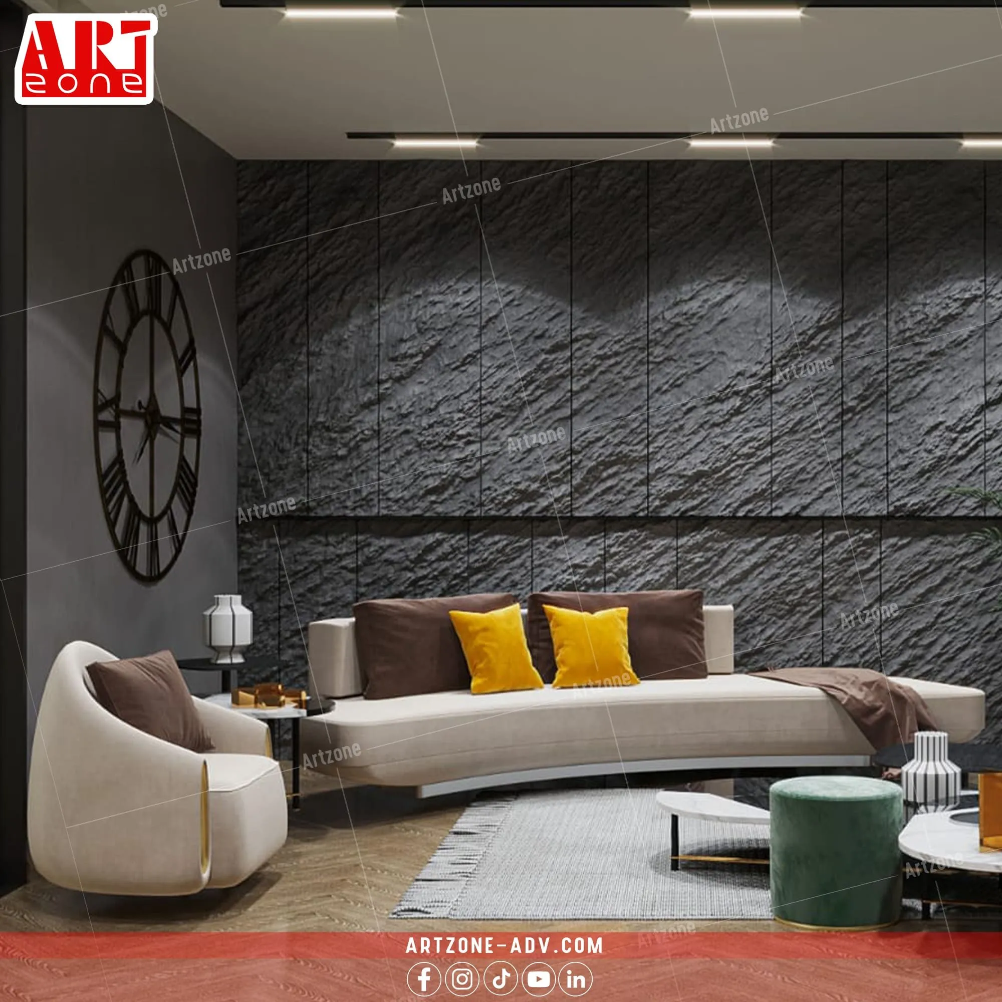 ديكور داخلي عصري: أريكة بيج أمام جدار حجري رمادي داكن مع لمسات صفراء.