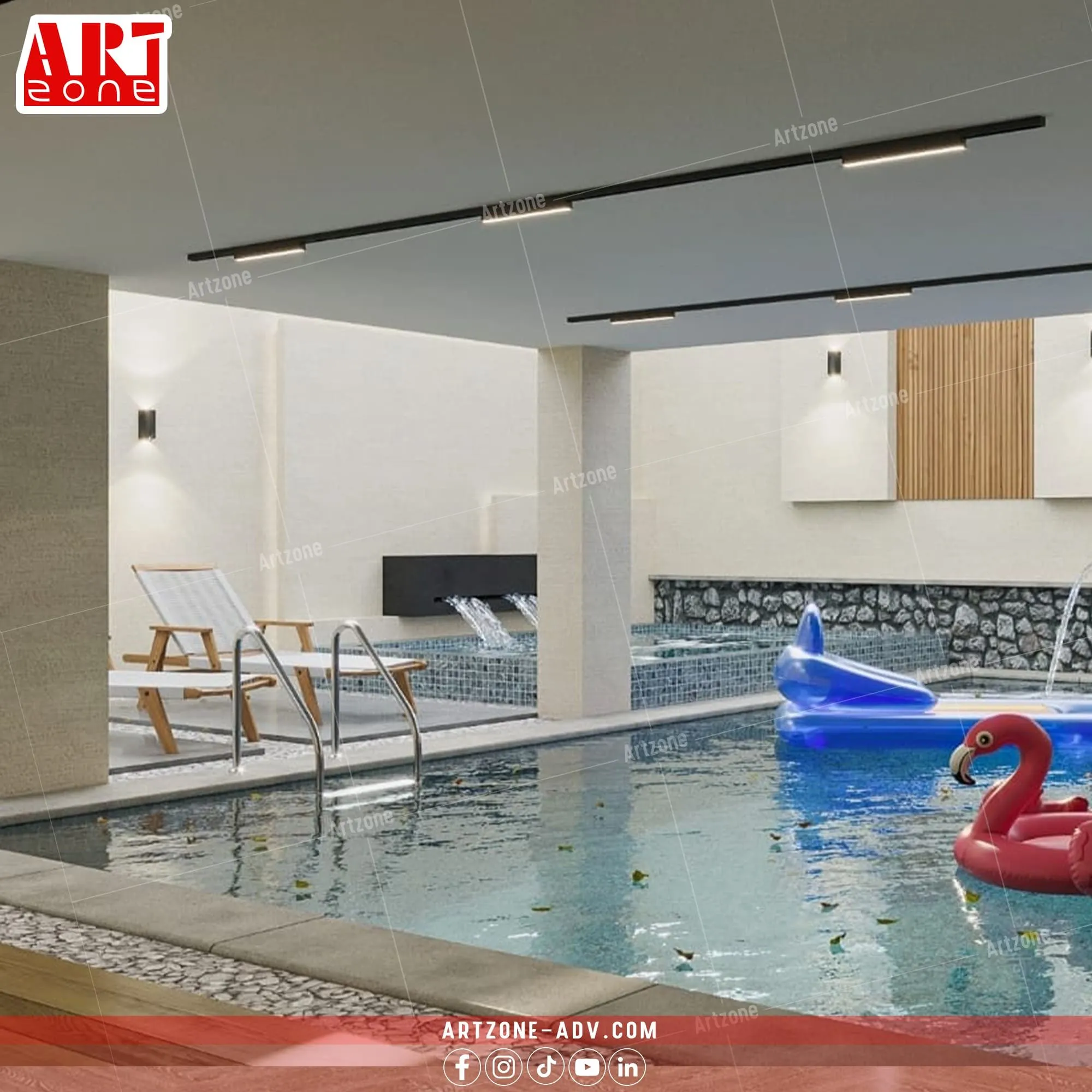 تصميم داخلي فاخر لحوض سباحة حديث مع شلالات وجدران حجرية وإضاءة عصرية.