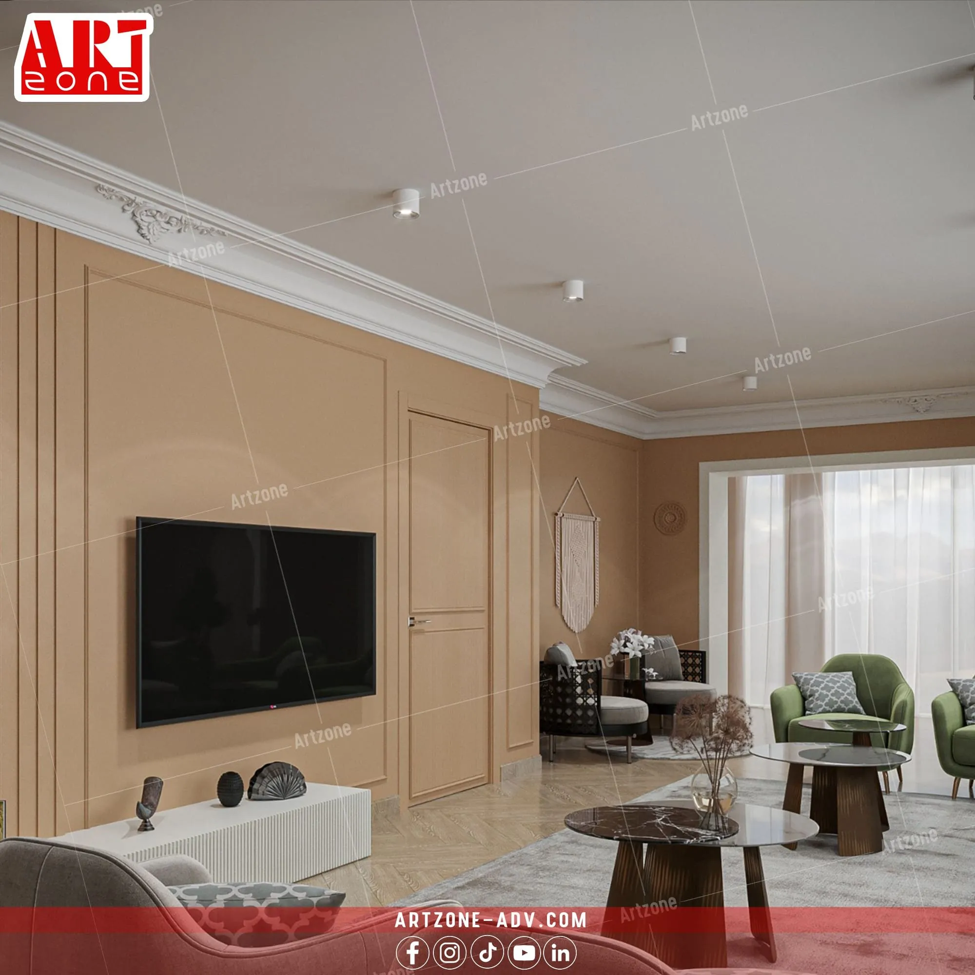 غرفة معيشة عصرية بأثاث فخم، جدران بيج، تلفزيون، وباركيه شيفرون.