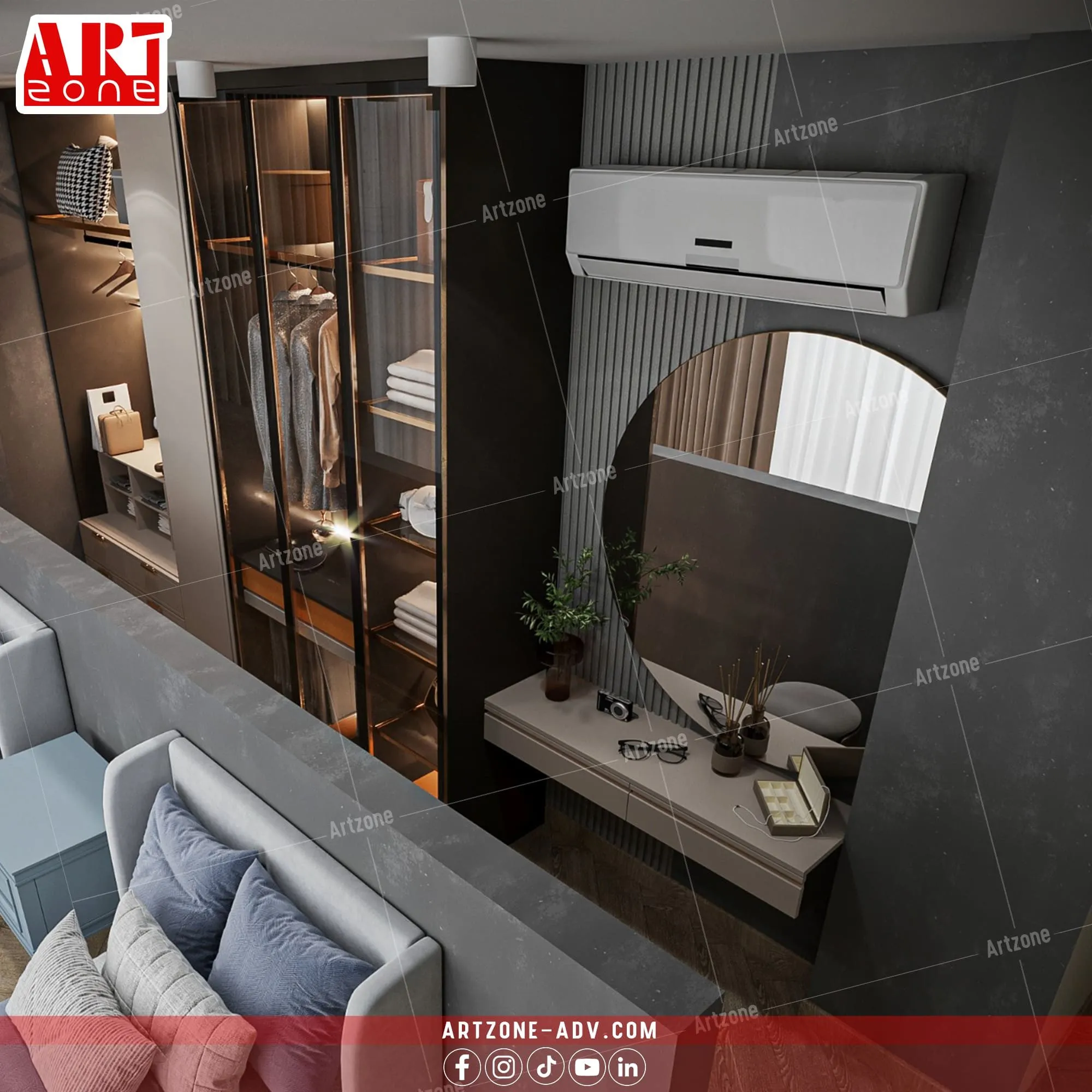 تصميم داخلي لغرفة نوم عصرية بلمسة فاخرة، خزانة زجاجية مضاءة وطاولة زينة عائمة.