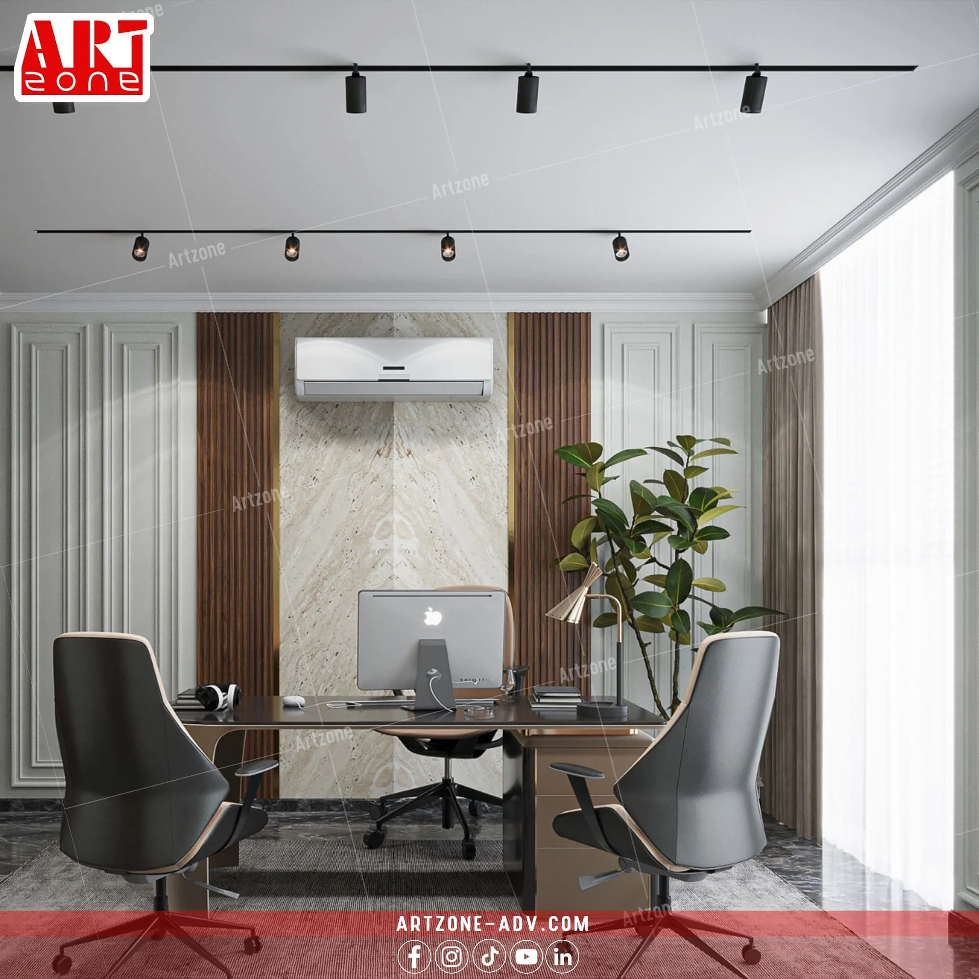 مكتب تنفيذي عصري بتصميم فاخر، يضم أثاثاً داكناً وجداراً مزخرفاً بالخشب والرخام.