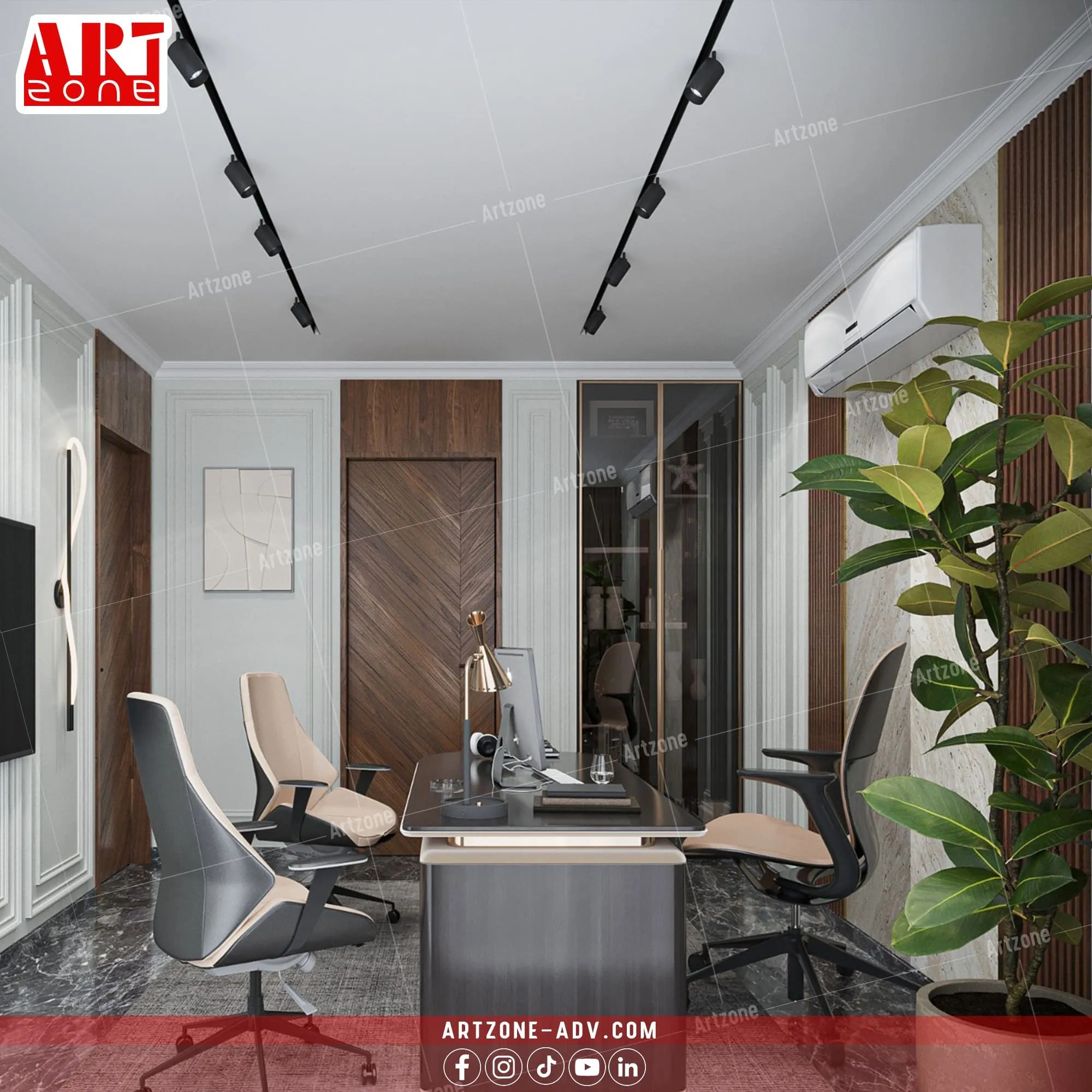 ريندر مكتب تنفيذي حديث فاخر بتصميم خشبي داكن وأرضية رخامية.