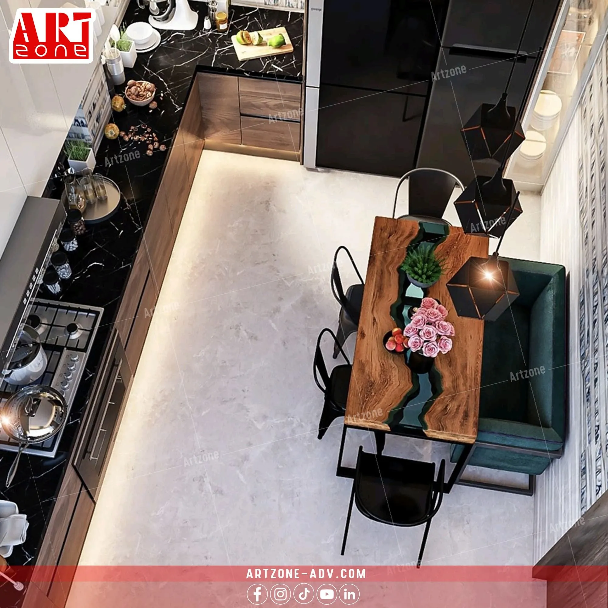 مطبخ حديث بتصميم مفتوح، طاولة خشبية (Live Edge) وإيبوكسي أخضر، رخام أسود.