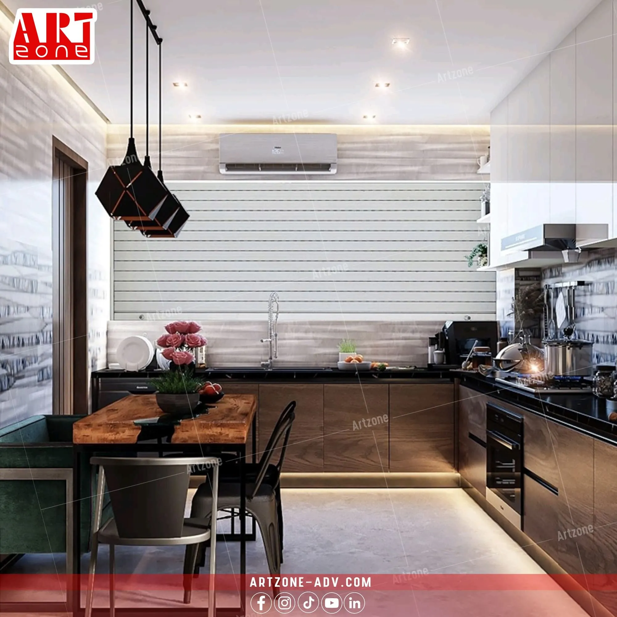 تصميم مطبخ حديث مفتوح بخزائن خشبية داكنة وأسطح سوداء وطاولة طعام خشبية.