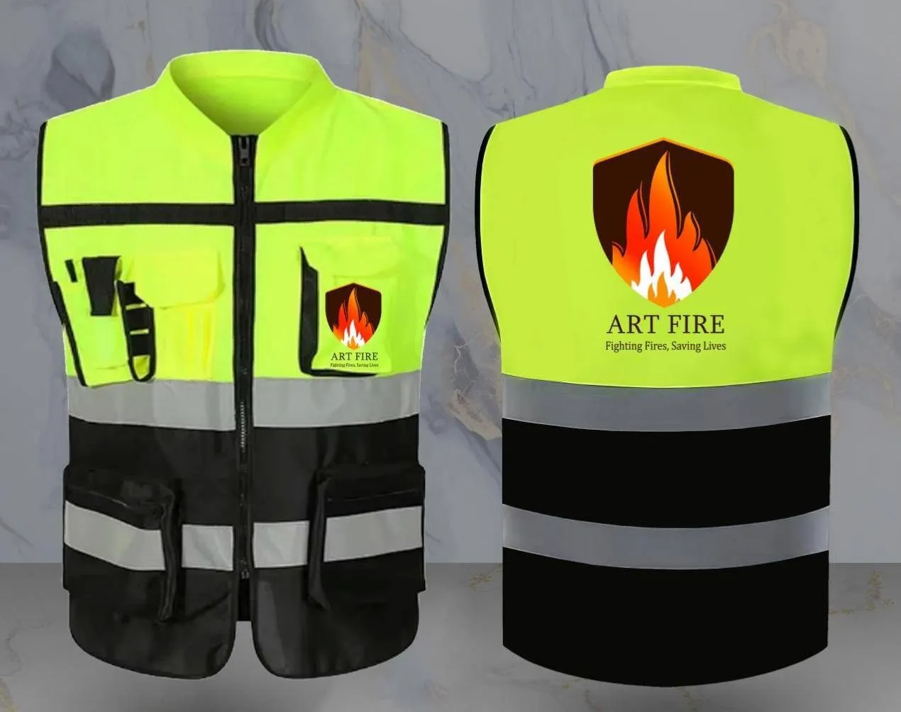 سترة أمان عالية الوضوح (فيست) صفراء و سوداء مع شعار ART FIRE للاستخدام المهني.