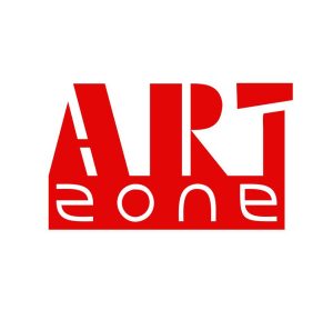شعار "ART zone" عصري، أحمر وأبيض، تصميم جريء باستخدام الفراغ السلبي.