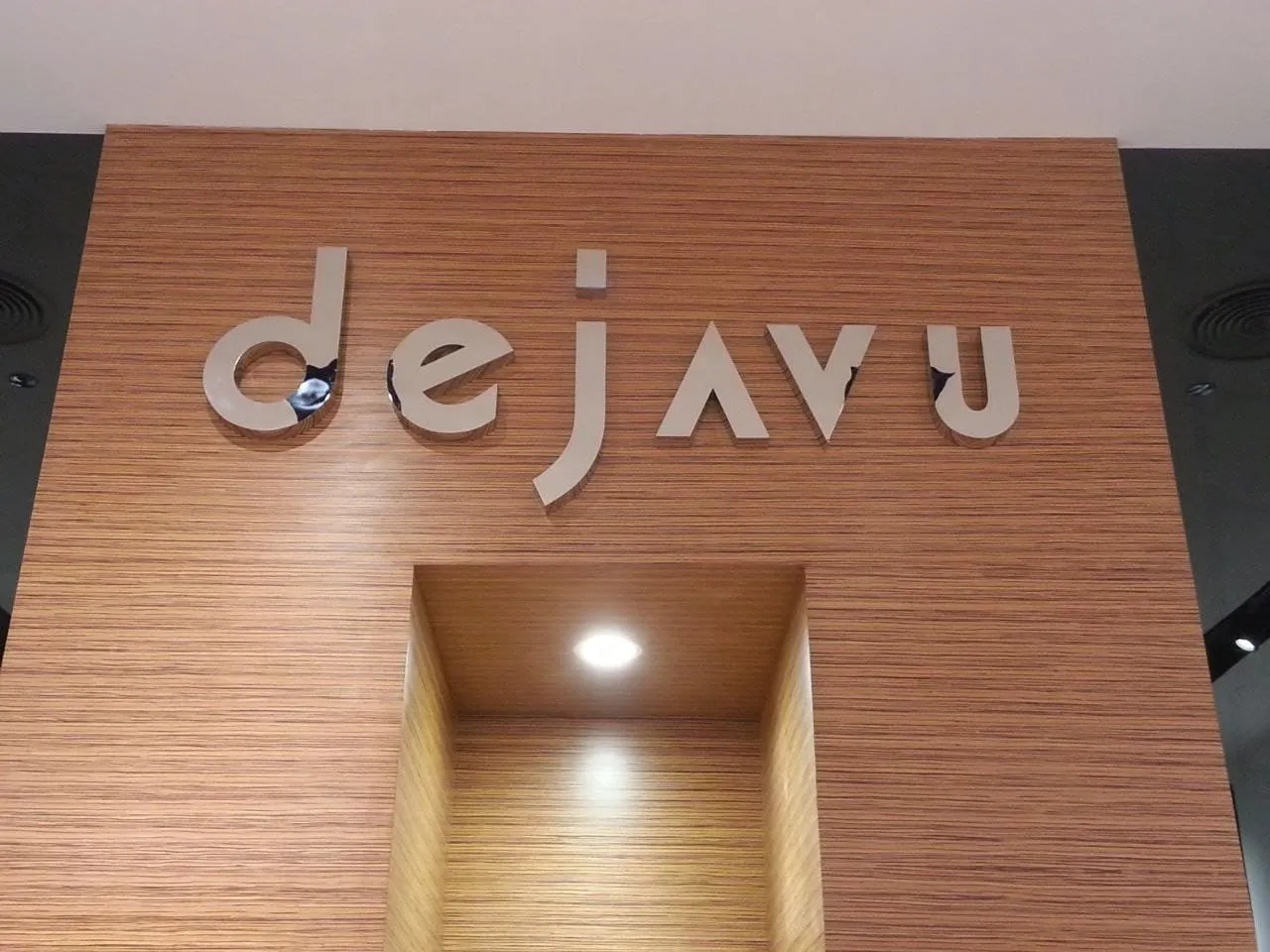 علامة "dejavu" فضية لامعة على خلفية خشبية مع إضاءة كشاف داخلية.